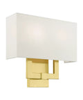 Two Light Wall Sconce In Satin Brass With Dope Off White Hardback Fabric Shade For A Clean Modern Vibe ADA Compliant Meridian Collection Contemporary Home Lighting 13 By 12.5 Inches