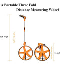 Go-To Measuring Wheel Portable Three Fold 13 Inch Wheel For Distance And Surveying Measures Up To 9,999.9 Feet Durable ABS Body With Wear Resistant Rubber Handy Orange shown folded and open