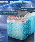 Countertop Ice Maker With Three Quick Pour Spouts And Lightning Freeze Tech, showcasing smart chip and dual protection system with ice cubes.