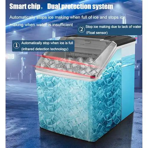 Countertop Ice Maker With Three Quick Pour Spouts And Lightning Freeze Tech, showcasing smart chip and dual protection system with ice cubes.