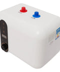 2.6 Gallon Electric Mini Tank Water Heater Equipped With Solid Stainless Steel Core For Compact Under Sink Placement Quick Warm Water Relief In Kitchens Or Rvs Featuring No Sweat Setup And Plug And Play Wiring, white design with temperature display.