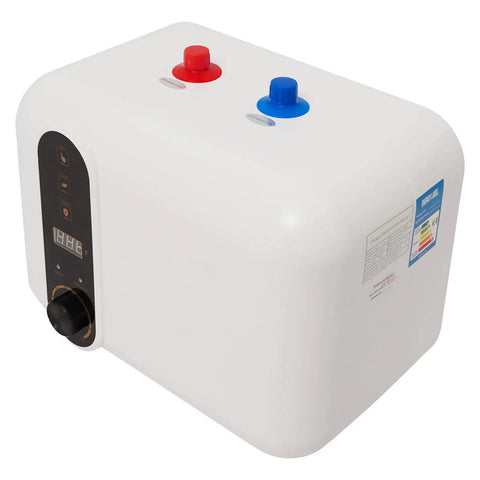 2.6 Gallon Electric Mini Tank Water Heater Equipped With Solid Stainless Steel Core For Compact Under Sink Placement Quick Warm Water Relief In Kitchens Or Rvs Featuring No Sweat Setup And Plug And Play Wiring, white design with temperature display.