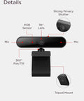 Straight Up 1080p FHD Webcam With USB C Connectivity And Windows Hello Face Login featuring 95° lens, mic, and sliding privacy shutter.