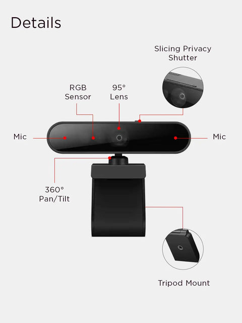 Straight Up 1080p FHD Webcam With USB C Connectivity And Windows Hello Face Login featuring 95° lens, mic, and sliding privacy shutter.