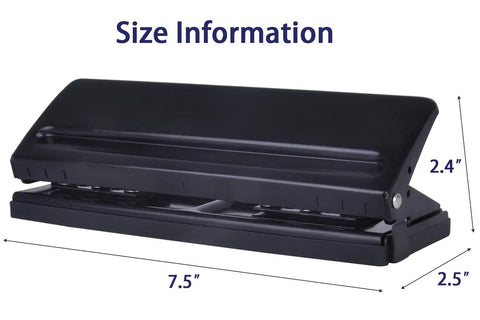 Rugged 6 Hole Paper Puncher With Adjustable Ring Spacing For A5, A6, A7 Formats, shown with size dimensions, black