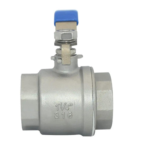 Front view of 1-1/4 Inch 316 Stainless Steel Full Port Ball Valve With Vinyl Handle For Easy Turn Low Torque Operation Female Connection PTFE Seals