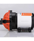 Rock Solid Quiet Workhorse DC 24V Submersible Diaphragm Pump 7.0 GPM 60 PSI angle view showcasing compact design and fittings.