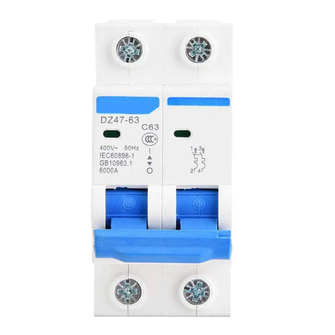 Front view of DZ47-63 2 Pole 400V AC Miniature Circuit Breaker with Leakage Air Switch 63A, compact and durable for panels.