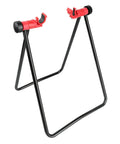 Garage Ready Vertical Triangle Bike Stand For Indoor Parking And Maintenance with red clamps, black metal, space-saving design
