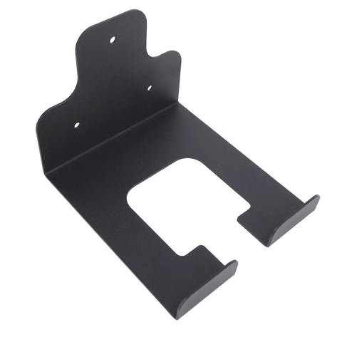 Beefy Stainless Steel Garden Power Tool Wall Rack With Lockdown Multi Grip Hooks And Waterproof Finish For Home Outdoor Trimmers Complete Garage Storage close-up view of black wall mount tool holder.