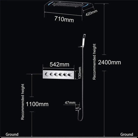 Top Shelf Led Ceiling Shower Set With Five Dynamic Modes Serving Heavy Rainfall Smooth Waterfall And Chill Spa Mist Directly In Your House Bathroom For Prime Weekend Vibes dimensions illustration with measurements