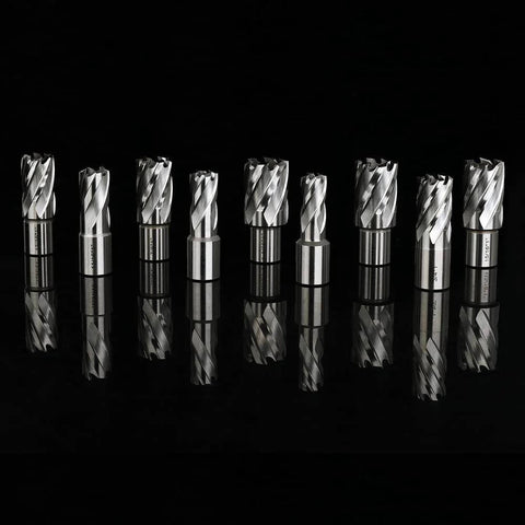 OSCARBIDE annular cutter set, 13-piece, silver steel cutters on a black reflective surface