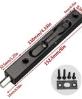 Top Tier Heavy Duty 6 Inch Stainless Steel Door Flush Bolts with measurements, for sliding latch setup, includes screws.