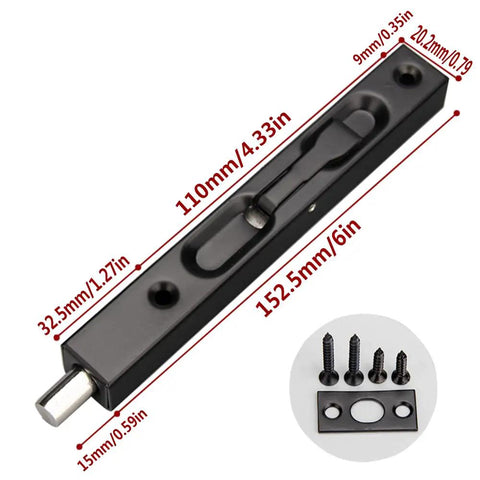 Top Tier Heavy Duty 6 Inch Stainless Steel Door Flush Bolts with measurements, for sliding latch setup, includes screws.