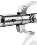 Side view of luckywagon grease gun coupler, stainless steel, 6-jaw, double handles, 1/8 NPT compatible