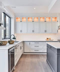 Modern kitchen featuring white cabinets with 10 Pack Matte Black 7 Inch Cabinet Handles Stainless Steel Drawer Pulls For Kitchen Cabinets Bathrooms Cupboards And Dressers 178mm Hole Centers Easy Installation Durable Hardware.