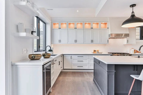 Modern kitchen featuring white cabinets with 10 Pack Matte Black 7 Inch Cabinet Handles Stainless Steel Drawer Pulls For Kitchen Cabinets Bathrooms Cupboards And Dressers 178mm Hole Centers Easy Installation Durable Hardware.