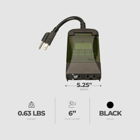 Weatherproof Seven Day Outdoor Digital Plug In Timer featuring dual grounded outlets, black finish, 5.25" wide and 0.63 lbs.