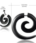 Spiral Fake Gauge Earrings Set In Black With Organic Wood And 316L Surgical Steel, Unisex Faux Plugs, 1.26 inch spiral shape