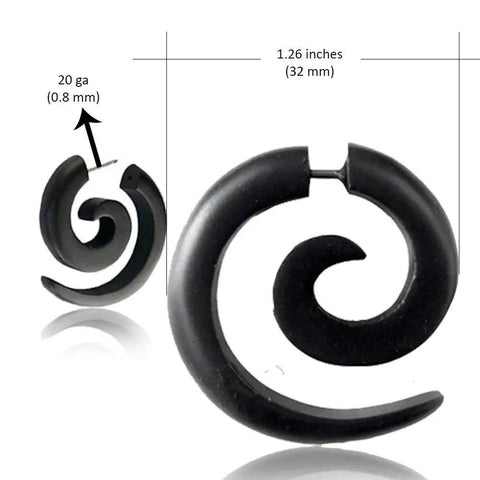 Spiral Fake Gauge Earrings Set In Black With Organic Wood And 316L Surgical Steel, Unisex Faux Plugs, 1.26 inch spiral shape