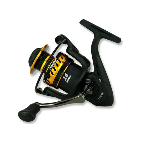 Heavy Duty Aluminum Fishing Reel Handle With Metal Rocker Grip For Spin Reels attached to a black and gold spinning reel