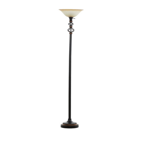 Antique Style Torchiere Floor Lamp In Black Finish Tall Standing Lighting For Living Room Solid Iron With Glass And Polystone Accents