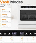 Top Notch No Sweat Countertop Mini Dishwasher With 800 Watt Motor And Six Point Eight Liter Tank Featuring 360 Degree Splash Spray Four Wash Cycles And Seventy Two Hour Fresh Keep Storage For Quick Daily Cleanup showing four wash modes and control panel.