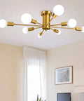 Sputnik Eight Light Gold Finish Semi Flush Mount Ceiling Light Fixture Brushed Metal Modern Chandelier For Living Room Bedroom Dining Room Kitchen Hallway Sleek Durable Dope Design installed in a modern room