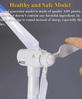 Close-up of wind turbine model showing the wind-up mechanism and 3 blades, made from ABS plastic, for STEM learning.