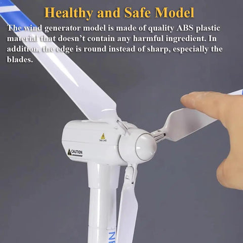 Close-up of wind turbine model showing the wind-up mechanism and 3 blades, made from ABS plastic, for STEM learning.