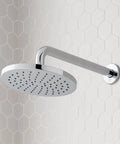 Signature Hardware Gunther 1.8 GPM Pressure Balanced Shower System chrome shower head mounted on wall with hex tile.