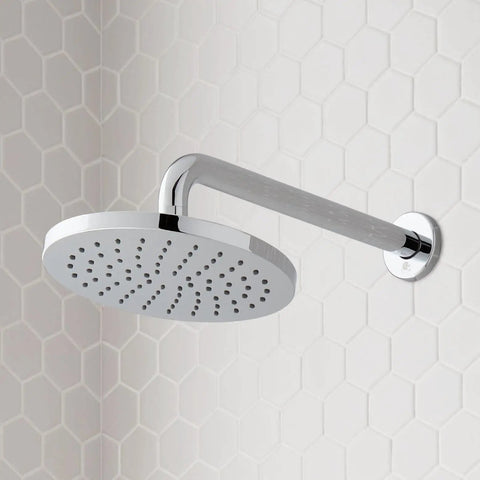 Signature Hardware Gunther 1.8 GPM Pressure Balanced Shower System chrome shower head mounted on wall with hex tile.