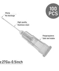 Prime Condition 100 Pack 27 Gauge Half Inch Syringe Needles With Reliable Luer Lock Tips, stainless steel needle with clear casing.