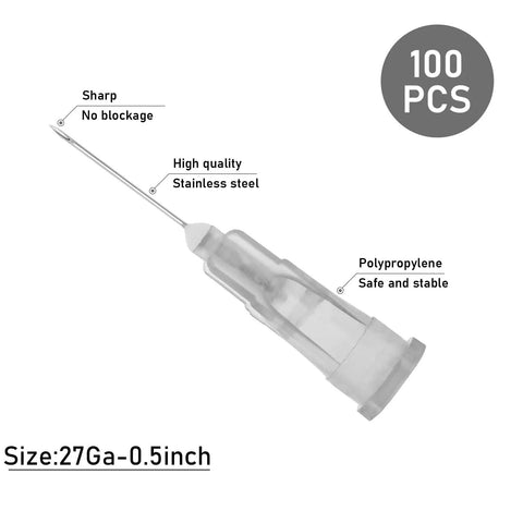 Prime Condition 100 Pack 27 Gauge Half Inch Syringe Needles With Reliable Luer Lock Tips, stainless steel needle with clear casing.