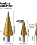Kick Your DIY Projects Up A Notch With This Awesome 6 Piece Step Drill Bit Set Perfect For Metal Wood And Plastic Featuring Versatile 4 To 32mm Steps Plus Nasty 3 6 And 8mm Saw Bits To Make Smooth Clean Holes Without Any Hassle Today., gold step drill bits with 4-32mm steps and 6mm, 8mm, 10mm shanks