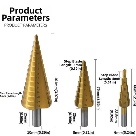 Kick Your DIY Projects Up A Notch With This Awesome 6 Piece Step Drill Bit Set Perfect For Metal Wood And Plastic Featuring Versatile 4 To 32mm Steps Plus Nasty 3 6 And 8mm Saw Bits To Make Smooth Clean Holes Without Any Hassle Today., gold step drill bits with 4-32mm steps and 6mm, 8mm, 10mm shanks