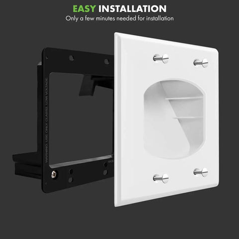 Secure Recessed Low Voltage Cable Wall Plate For Home Theater Setups Pass Through 2 Gang 4.5 By 4.5 Inches With Mounting Brackets White 2 Pack Conceals HDMI Coax And AV Cables showing installation components.