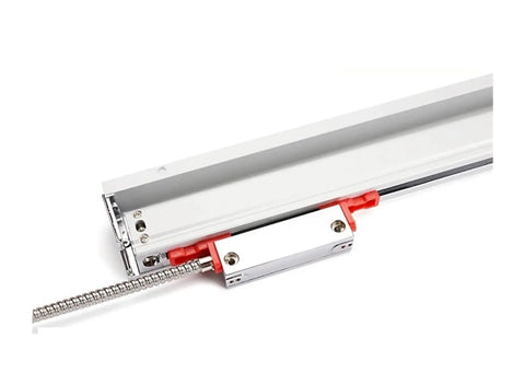 Pro Grade Precision Linear Scale Encoder 0.005mm Optical Scale With 5um Grating Glass Ruler Sensor, white casing and cable, side view.