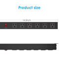 Diagram of Heavy Duty Wall Mount Power Strip With Six Wide Spaced Outlets And A Fifteen Foot 14 Gauge Power Cord Aluminum Alloy Mount Socket With Switch 15A 125V 1875W Built For Home Office And Workshop Use, showing dimensions. Top view and side view with measurements for size reference. Dimensions noted as 14.5 inches length and 1.6 inches height, showcasing ergonomic design and space efficiency.