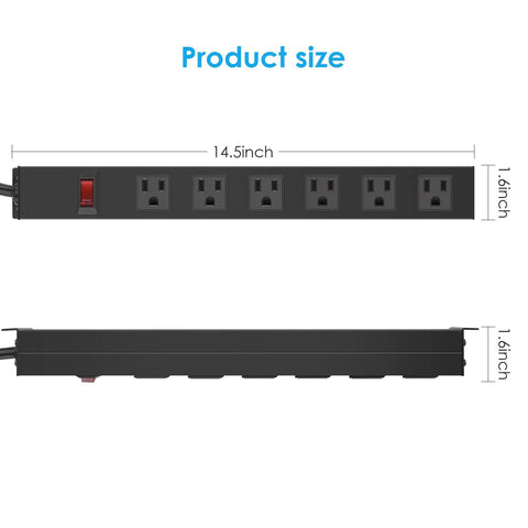 Diagram of Heavy Duty Wall Mount Power Strip With Six Wide Spaced Outlets And A Fifteen Foot 14 Gauge Power Cord Aluminum Alloy Mount Socket With Switch 15A 125V 1875W Built For Home Office And Workshop Use, showing dimensions. Top view and side view with measurements for size reference. Dimensions noted as 14.5 inches length and 1.6 inches height, showcasing ergonomic design and space efficiency.