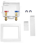 Washing Machine Box With Center Drain And Snap On Frame For Drywall Up To One Inch White Includes Preinstalled Support Bracket And Two Disconnect Clips Measures 9.25 In By 3.5 In By 8 In Half Inch Push Fit Inlet And Three Quarter Inch Outlet. white washer box with center drain, snap frame, support bracket, and disconnect clips