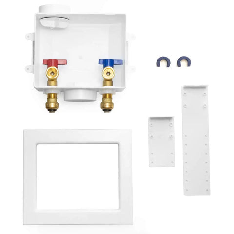 Washing Machine Box With Center Drain And Snap On Frame For Drywall Up To One Inch White Includes Preinstalled Support Bracket And Two Disconnect Clips Measures 9.25 In By 3.5 In By 8 In Half Inch Push Fit Inlet And Three Quarter Inch Outlet. white washer box with center drain, snap frame, support bracket, and disconnect clips