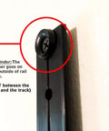 Close-up of Premium Space Saver Gym Mount with steel rail, showing screw detail and washer placement guidance.