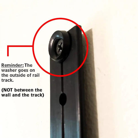 Close-up of Premium Space Saver Gym Mount with steel rail, showing screw detail and washer placement guidance.