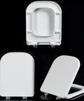 Built Tough White Square Toilet Seat With Soft Close Slow Closing Lid Crafted From Scratch Proof Urea Resin Plus Stainless Adjustable Hinges, top view and side view.