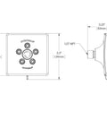 Technical diagram of 2.5 GPM brushed nickel shower head with brass core and dimensions.