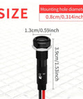 Diagram showing 180 Changeable Symbols LED Indicator Light 12V-24V IP67 size with mounting hole diameter and dimensions in inches and cm.