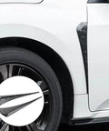Dope Sport Fender Vent Trim With Heavy Duty Adhesive Side Wing Accents For Tesla Cybertruck, black ABS fender accents on white vehicle.