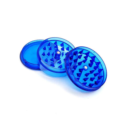 Blue version of Six Pack Transparent Portable Herb Grinder Set With Storage Compartments Two Point Three Inch Plastic Spice Grinder
