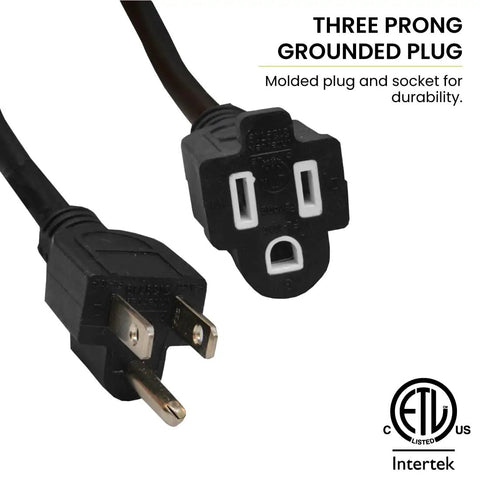 Close-up of Beefy 50 Foot Outdoor Extension Cord 14/3 SJTW Black Not For EV Chargers 2 Pack Contractor Grade plug ends